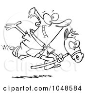 Royalty Free RF Clip Art Illustration Of A Cartoon Black And White Outline Design Of A Businessman Riding A Stick Pony