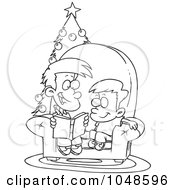 Poster, Art Print Of Cartoon Black And White Outline Design Of A Boy Reading A Christmas Story To His Little Brother