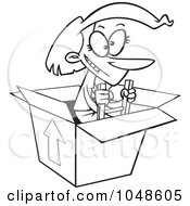 Royalty Free RF Clip Art Illustration Of A Cartoon Black And White Outline Design Of A Woman Climbing Out Of A Box by toonaday