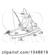 Poster, Art Print Of Cartoon Black And White Outline Design Of A Drunk Man Fishing In A Sinking Boat