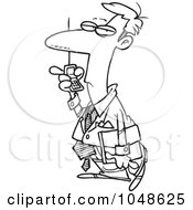 Royalty Free RF Clip Art Illustration Of A Cartoon Black And White Outline Design Of A Man Using Speaker Phone On His Cell
