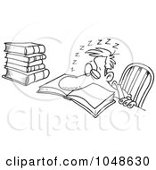 Poster, Art Print Of Cartoon Black And White Outline Design Of A Tired Man Falling Asleep While Studying