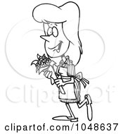 Poster, Art Print Of Cartoon Black And White Outline Design Of A Candy Striper Carrying Flowers