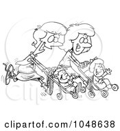 Poster, Art Print Of Cartoon Black And White Outline Design Of Mothers Running With Strollers