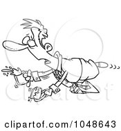 Royalty Free RF Clip Art Illustration Of A Cartoon Black And White Outline Design Of A Stumbling Businessman Spilling Cake And Coffee