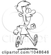 Royalty Free RF Clip Art Illustration Of A Cartoon Black And White Outline Design Of A Happy Young Man Taking A Stroll