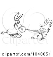 Royalty Free RF Clip Art Illustration Of A Cartoon Black And White Outline Design Of A Farmer Pulling A Stubborn Mule by toonaday