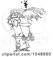 Poster, Art Print Of Cartoon Black And White Outline Design Of A Man Under A Struck Umbrella
