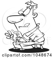 Royalty Free RF Clip Art Illustration Of A Cartoon Black And White Outline Design Of A Guy Subtracting With His Fingers