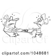 Royalty Free RF Clip Art Illustration Of A Cartoon Black And White Outline Design Of A Man And Woman Stretching A Dollar