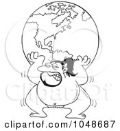 Royalty Free RF Clip Art Illustration Of A Cartoon Black And White Outline Design Of A Sumo Wrestler Lifting The Globe
