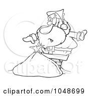 Royalty Free RF Clip Art Illustration Of A Cartoon Black And White Outline Design Of Santa Stuck In A Chimney
