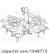 Poster, Art Print Of Cartoon Black And White Outline Design Of Yard Flamingos Surrounding A Man