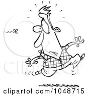 Royalty Free RF Clip Art Illustration Of A Cartoon Black And White Outline Design Of A Man Running From A Swarm Of Bees