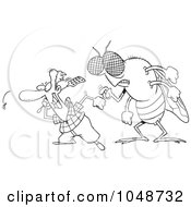 Cartoon Black And White Outline Design Of A Huge Fly Behind A Man Swatting Flies