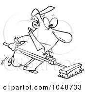 Poster, Art Print Of Cartoon Black And White Outline Design Of A Man Using A Push Broom