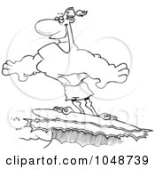 Royalty Free RF Clip Art Illustration Of A Cartoon Black And White Outline Design Of A Buff Surfer Riding A Wave