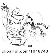 Cartoon Black And White Outline Design Of A Man Opening A Surprise Can Of Worms