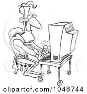 Royalty Free RF Clip Art Illustration Of A Cartoon Black And White Outline Design Of A Super Guy Using A Computer