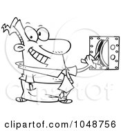 Royalty Free RF Clip Art Illustration Of A Cartoon Black And White Outline Design Of A Businessman Flipping A Switch