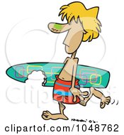 Royalty Free RF Clip Art Illustration Of A Cartoon Surfer Dude Carrying A Shark Bitten Board by toonaday