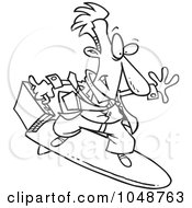 Poster, Art Print Of Cartoon Black And White Outline Design Of A Surfing Businessman