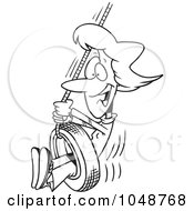 Cartoon Black And White Outline Design Of A Woman Playing On A Tire Swing