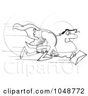 Royalty Free RF Clip Art Illustration Of A Cartoon Black And White Outline Design Of A Super Man Rushing A Letter
