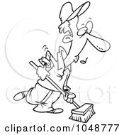 Poster, Art Print Of Cartoon Black And White Outline Design Of A Janitor Using A Push Broom
