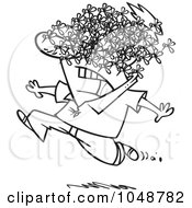 Poster, Art Print Of Cartoon Black And White Outline Design Of A Man Being Attacked By A Swarm Of Bees