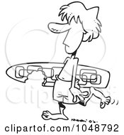 Royalty Free RF Clip Art Illustration Of A Cartoon Black And White Outline Design Of A Surfer Dude Carrying A Shark Bitten Board