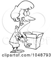 Poster, Art Print Of Cartoon Black And White Outline Design Of A Woman Holding A Surprise In A Box