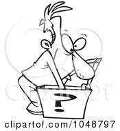 Royalty Free RF Clip Art Illustration Of A Cartoon Black And White Outline Design Of A Man Reaching In A Surprise Box by toonaday