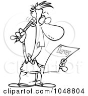 Royalty Free RF Clip Art Illustration Of A Cartoon Black And White Outline Design Of A Guy Taking A Survey