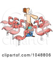 Royalty Free RF Clip Art Illustration Of Cartoon Yard Flamingos Surrounding A Man