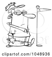Royalty Free RF Clip Art Illustration Of A Line Art Design Of A Grumpy Golfer With The Ball On Top Of The Flag