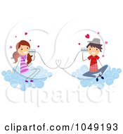 Valentine Stick Kid Couple Talking With Can Phones On Clouds