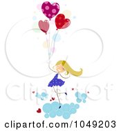 Poster, Art Print Of Valentine Stick Girl With Heart Balloons In The Clouds