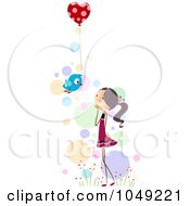 Poster, Art Print Of Valentine Stick Girl Recieving A Heart Balloon From A Bird