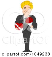 Handsome Valentine Man Holding A Chocolate Box And Bouquet