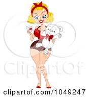 Royalty Free RF Clip Art Illustration Of A Valentine Pinup Woman Holding A Card And Teddy Bear