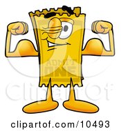 Yellow Admission Ticket Mascot Cartoon Character Flexing His Arm Muscles