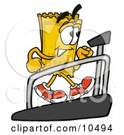 Yellow Admission Ticket Mascot Cartoon Character Walking On A Treadmill In A Fitness Gym