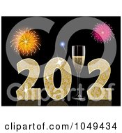 Poster, Art Print Of 3d 2011 With Champagne Glasses And Fireworks On Black
