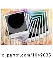 Royalty Free RF Clip Art Illustration Of A Pile Of Instant Film Photos On A Wooden Table With A Rainbow Grunge Effect by Arena Creative