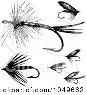 Poster, Art Print Of Digital Collage Of Black And White Retro Fly Fishing Hooks - 2