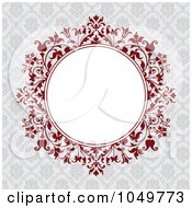 Royalty Free RF Clip Art Illustration Of A Round Burgundy Red Floral Frame Over Gray Framing White Copyspace