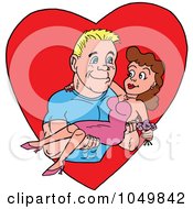 Royalty Free RF Clip Art Illustration Of A Strong Guy Carrying A Woman In His Arms Over A Red Heart by LaffToon