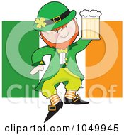 Leprechaun Holding Beer Over An Irish Flag