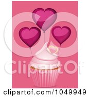 Royalty Free RF Clip Art Illustration Of A Pink Cupcake With Heart Balloons Over Pink